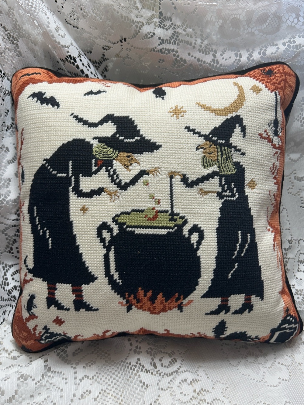 Cynthia Rowley Halloween Witches Cauldron Bats Needlepoint Accent Throw Pillow